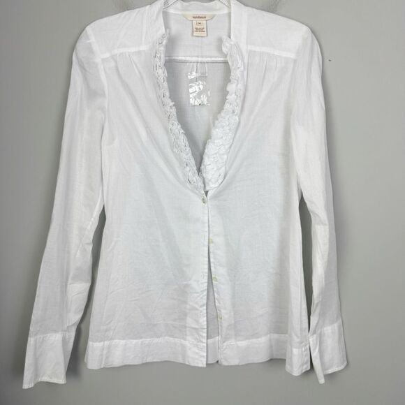 SUNDANCE | NEW 100% Cotton White Ruffle V-Neck Button Shirt Women’s Size Medium - Picture 1 of 7